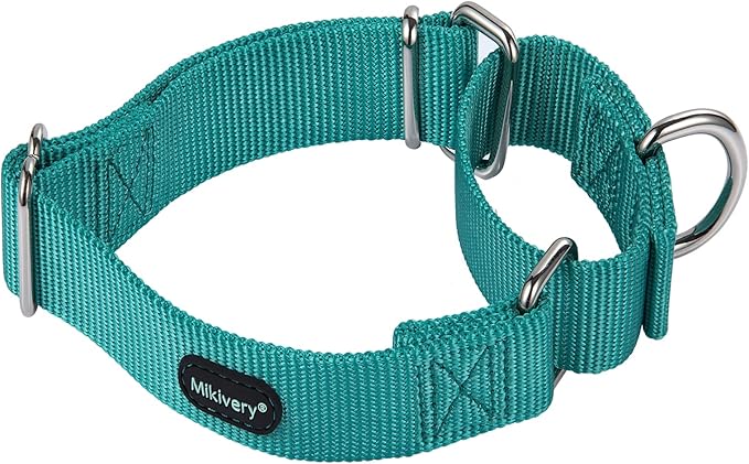 Mikivery Martingale Dog Collar Nylon Adjustable and Safety Training Colourful Comfortable Metal Buckle Pet Collars for Small Medium and Large Dogs(Teal,L)