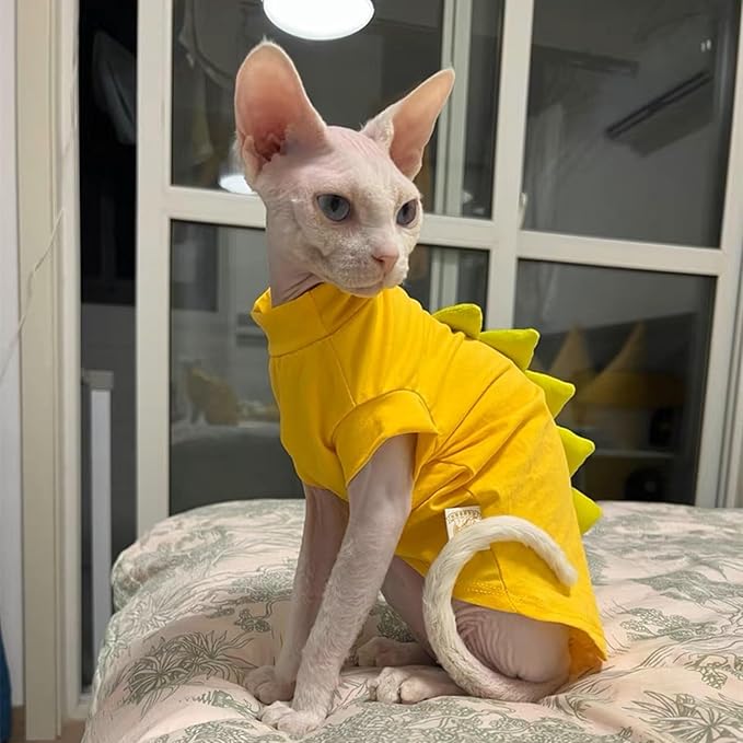 Dinosaur Design Sphynx Hairless Cat Clothes Cute Breathable Summer Cotton Shirts Cat Costume Pet Clothes,Round Collar Kitten T-Shirts with Sleeves, Cats & Small Dogs Apparel (S (3-4.5 lbs), Yellow)