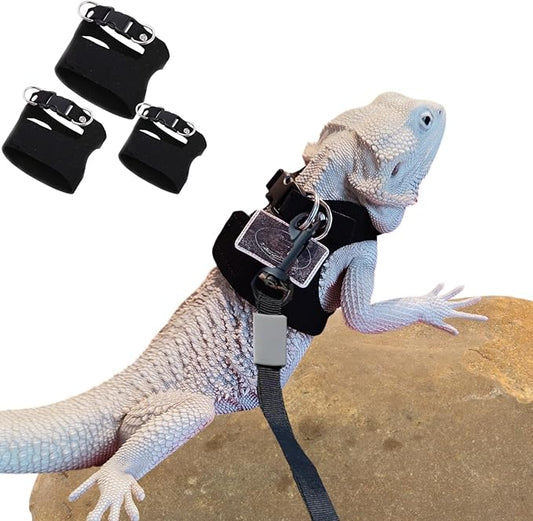 3 Pack Bearded Dragon Harness and Leash Set - Adjustable Soft Leather Lizard Harness with Retractable Leash Small Animal Traction Rope Walking Vest Accessories for Reptile Squirrel Rat (Black)