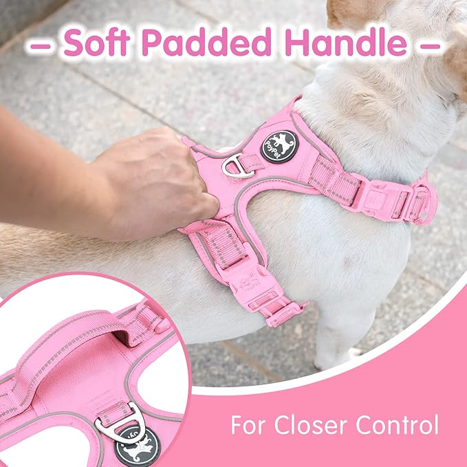 PoyPet No Pull Dog Harness and 5 Feet Leash Set, Release on Neck Reflective Adjustable Pet Vest, Front & Back 2 D-Ring and Soft Padded Pet Harness with Handle for Small to Large Dogs(Pink,S)