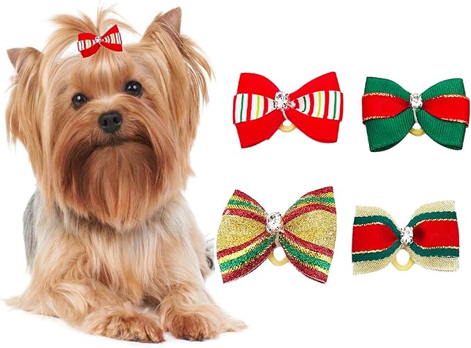 PET SHOW 20pcs Christmas Dog Hair Bows with Rubber Bands for Small Medium Dogs Xmas Holiday Puppies Cats Kittens Rabbits Topknot Grooming Costumes Hair Accessories