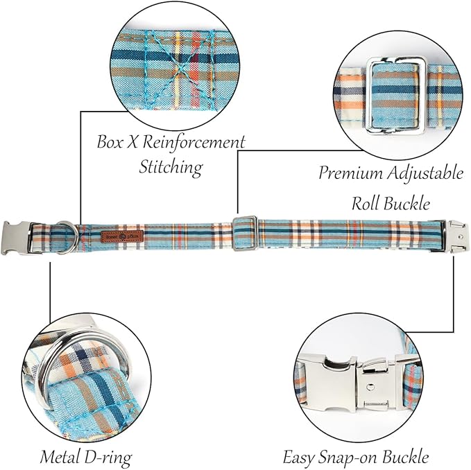 Lionet Paws Boy Dog Collar, Comfortable Adjustable Cute Blue Plaid Collar with Metal Buckle for Male Dogs, Large, Neck 16-24 inches