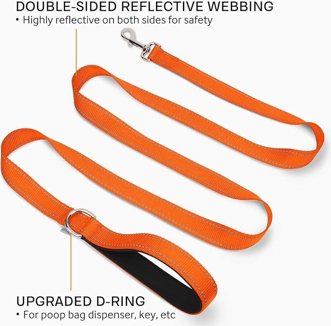 Joytale Double-Sided Reflective Dog Leash, 6 FT/5 FT/4 FT, Padded Handle Nylon Heavy Duty Leashes for Small & Medium Dogs Walking, Orange, 6FT