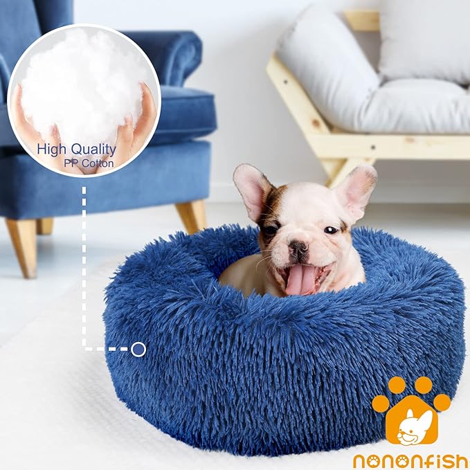 Calming Dog Bed for Small Dogs Washable Donut Cozy Soft Puppy Bed for Extra Small Pet with Anti-Anxiety 19 inches Fits up to 15 lbs,Navy Blue