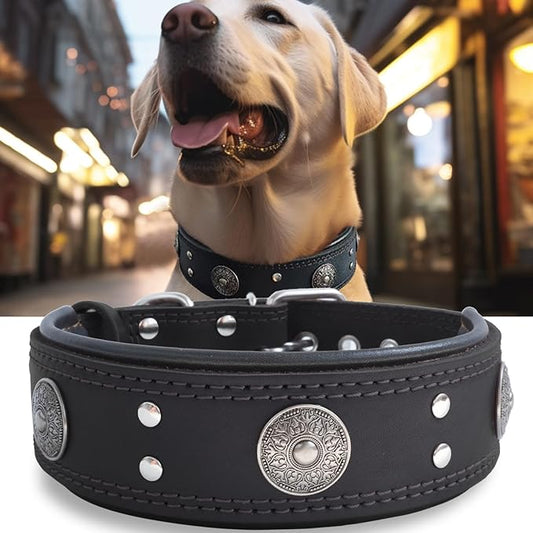 Leather Dog Collar, 2 inches Wide Heavy Duty Genuine Leather Collars, Handmade, Soft, and Luxury, Eye-catching Best Choice for Large and Medium Breed Dogs, Black 22.5-26.5 inches