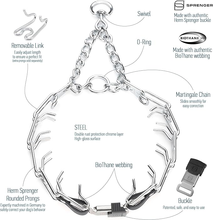 Herm Sprenger Chrome Plated Steel Dog Collar with Quick Release ClicLock Buckle and Biothane Insert Training Collar for Dogs Made in Germany (Black, 25in x 4.0mm(Neck Size up to21-22in))