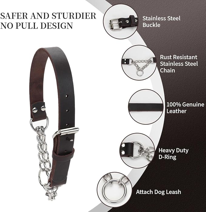 Martingale Collar for Dogs No-Pull Adjustable Training Collar with Stainless Steel Chain - Genuine Leather Anti-Slip Design for Small,Medium,Large Breed Dogs - Brown (S)
