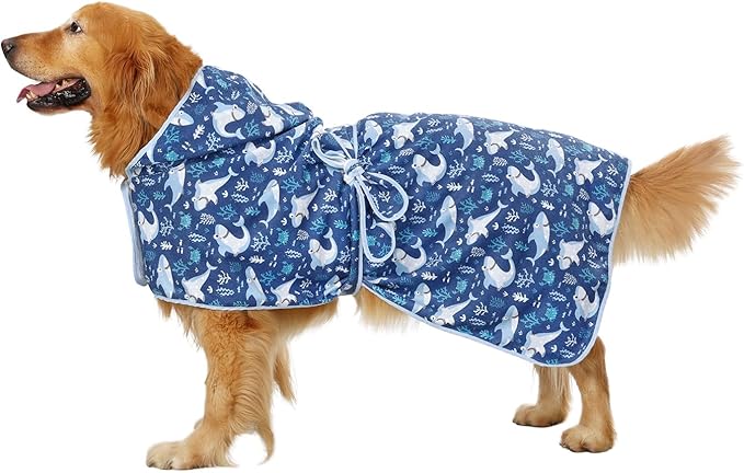 HDE Dog Bathrobe Super Absorbent Quick Drying Towel with Hood for All Dog Breeds Sizes S-XXL - Sharks - XL