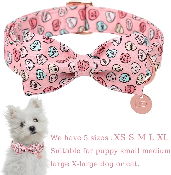 Valentine’s Dog Collar with Bow Tie, Pink Heart Bowtie Collar with Metal Buckle, Valentine’s Gift Pet Collar for Puppy Girl Boy Dog or Cat, Wedding Dog Collar, XS
