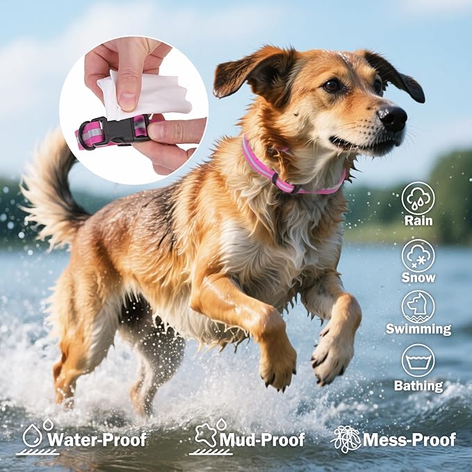 Waterproof Dog Collar, Soft Rubber with Safety Buckle - Adjustable Dog Collars for Large Small Medium Dogs Puppy, Heavy Duty Odor-Resistant Reflective Pet Collar, Purple L