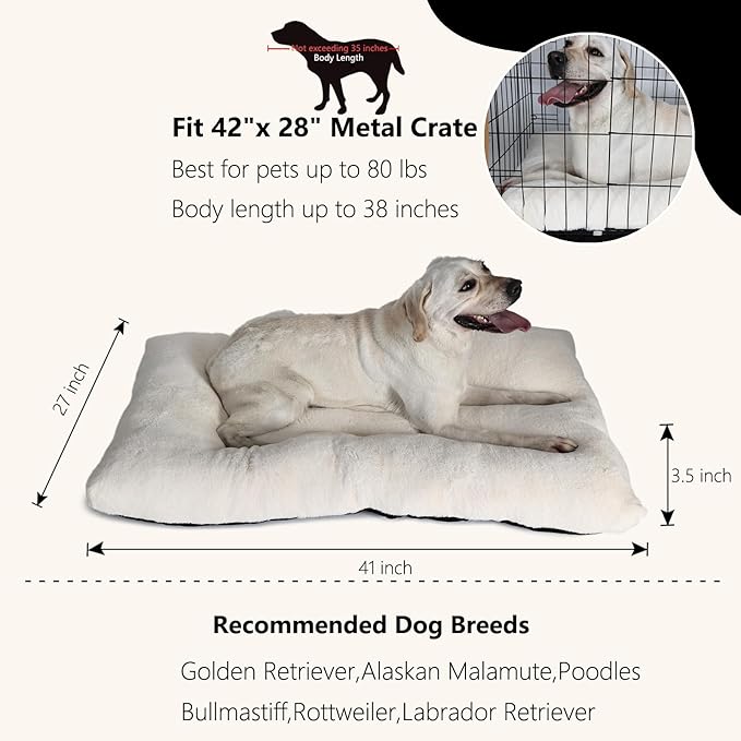 nononfish Dog Crate Pad 42x28 for Large Dog Washable,Soft & Plush Pet Mat for Kennel XLarge with Anti-Slip Bottom fit 42 inch Crates,Deluxe Fluffy Thick for Older Pet Sleeping Mat,Cream White