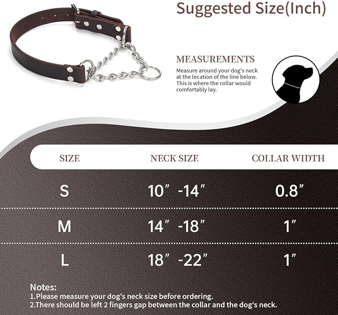 Martingale Collar for Dogs No-Pull Adjustable Training Collar with Stainless Steel Chain - Genuine Leather Anti-Slip Design for Small,Medium,Large Breed Dogs - Brown (S)