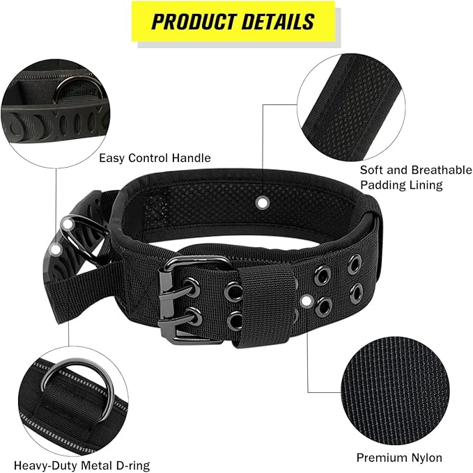 Tactical Dog Collar with Handle - Military Adjustable Dog Training Collar Soft Nylon and Heavy Duty Metal Buckle for Medium Large Dogs - with Patch (Black with Patch, Large)