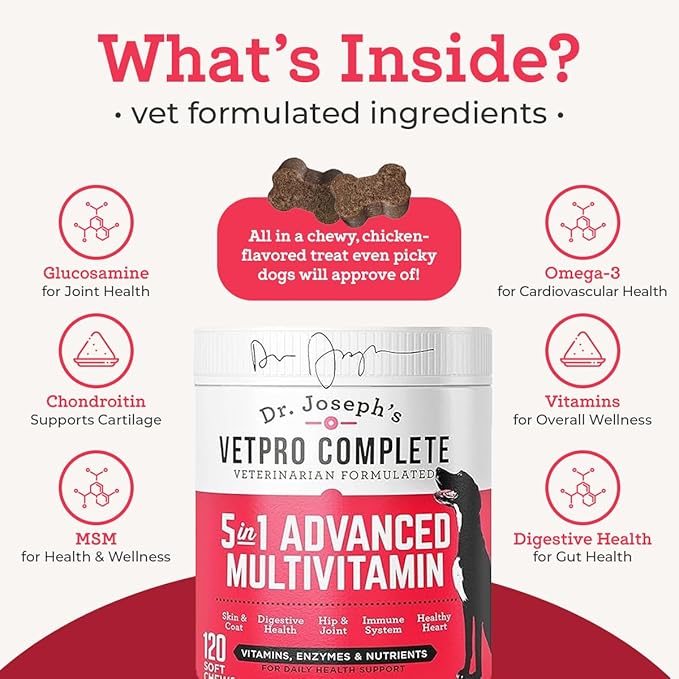 Dr. Joseph's VetPro Complete Multivitamin Dog Supplement, 60 Count, 5 in 1 Chew with Vitamins, Enzymes & Nutrients,Glucosamine for Hip and Joint Health, Immune System and Allergy Support