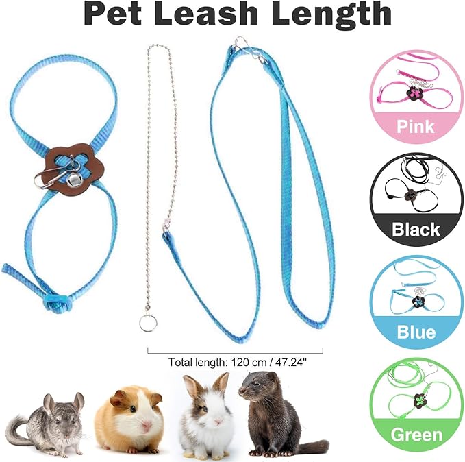 2 Pack Adjustable Hamster Leash Harness for Harness for Ferret Baby Rabbit Hamster Rat Mouse Leash Lead with Bell (Blue)