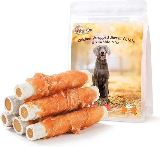 Chicken Wrapped Sweet Potato Rawhide Dog Treats, Big Stick Long Lasting Large Dogs, Dog Chew Training Snacks for Medium Large Breed 6-7 Counts 10.58 oz