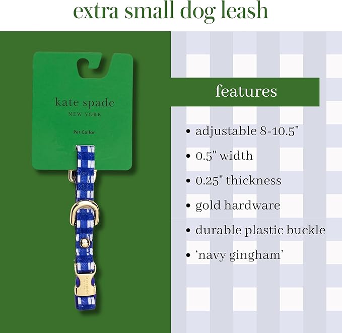 Kate Spade New York Cute Dog Collar with Gold Metal Buckle, 8" to 10.5" Adjustable Collar for Female or Male Extra Small Dogs (Navy Gingham)