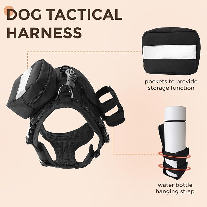 Tactical Dog Harness for Large Dogs, No Pull Adjustable Dog Harness with Water Bottle Bag and Pocket, Adjustable Reflective K9 Training Vests for Dogs for Training, Walking, Hiking S