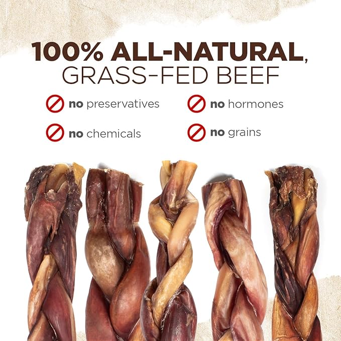 Natural Farm Braided Power Bully Sticks Dog Chews (12”, 5-Pack), 2-in-1 Power Chews: Premium Beef Cheek Wrapped in Beef Pizzle, Braided Together for a Very Long Lasting Chew, Great for Large Dogs