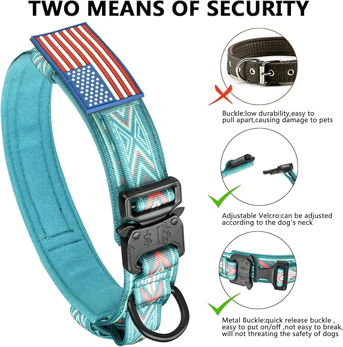 DAGANXI Tactical Dog Collar, Adjustable Military Training Nylon Dog Collar with Control Handle and Heavy Metal Buckle for Medium and Large Dogs, with Patches and Airtags Case (M, Green Arrow)
