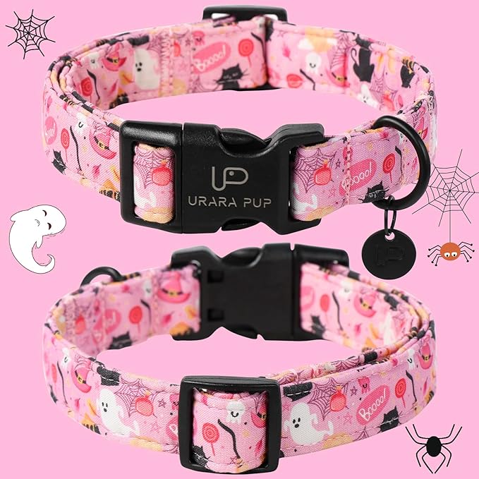Halloween Dog Collar, Autumn Cotton Collar for Boys or Girls Dogs, Cute Pink Comfortable Pet Collar with Lightweight & Adjustable Plastic Buckle,Suitable for Small,Large Dogs