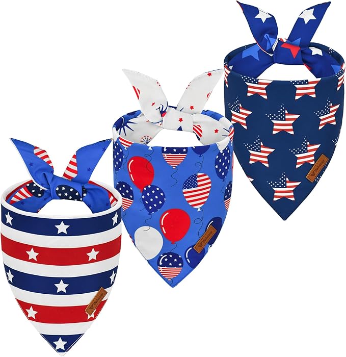 Vehomy 3-Pack Independence Day Dog Bandana 4th of July Puppy Bandanas Reversible Pet Bandanas Stars Stripes Flag Dog Scarfs Cat Triangular Bibs Pet Scarves for Small Medium Large Dogs S