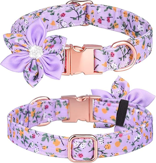 Floral Pattern Dog Collar with Detachable Rhinestone Flower for Female Puppy to Large Dogs (S, Purple)