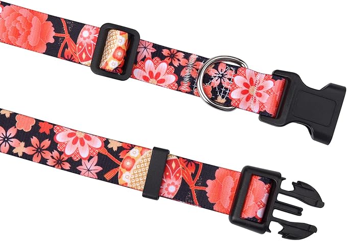 Dog Collar with Bohemia Floral Tribal Geometric Patterns - Soft Ethnic Style Collar Adjustable for Small Medium Large Dogs(Red Flower A,S)