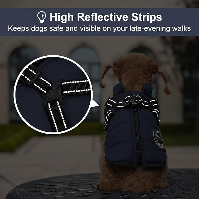 Warm Winter Coat, Cold Weather Jacket with Built-in Harness, Reflective & Adjustable Comfortable Pet Vest, Waterproof Windproof for Small Dogs (Navy)