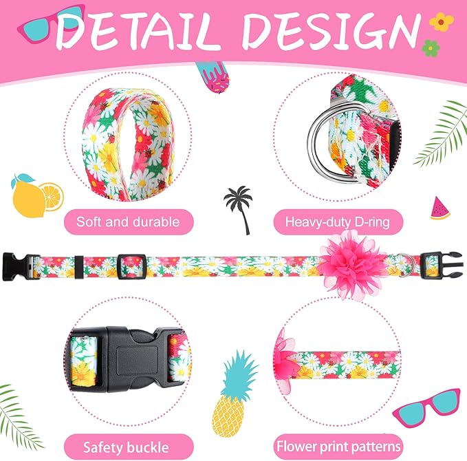 Kajaia 4 Pack Spring Summer Cute Dog Collars for Small Medium Large Female Dogs with Removal Flower Adjustable Nylon Pet Collars(Large)