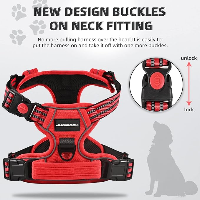 No Pull Dog Harness with A Free Heavy Duty 5ft Dog Leash, Adjustable Soft Padded Dog Vest, Reflective No-Choke Pet Oxford Vest with Easy Control Handle for Small and Large Dogs(Red, Large)