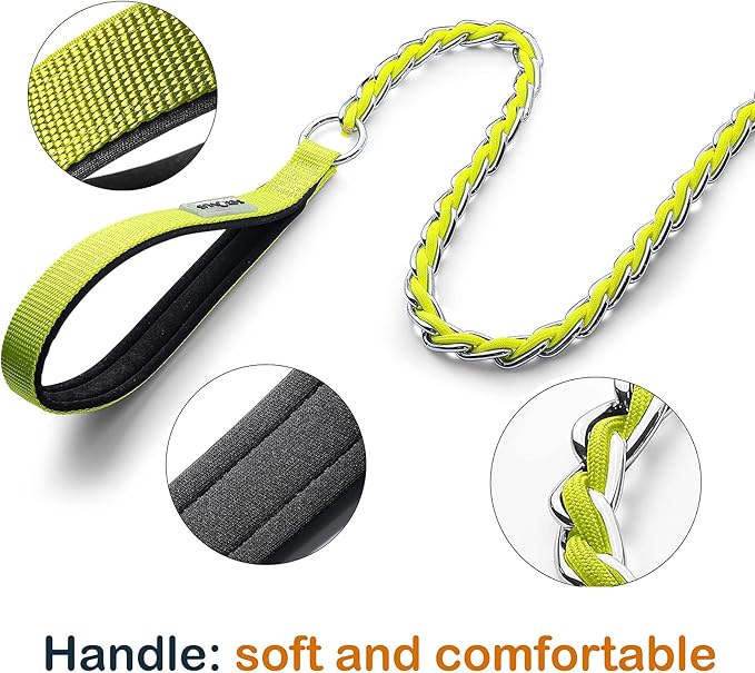 Dog Leash Chew Proof, Chain Leash Anti Chew Dog Leash for Large Dogs Heavy Duty, Indestructible Metal Leash Anti Bite Chain Link with Woven Cord Soft Padded Handle (Yellow, 4FT)