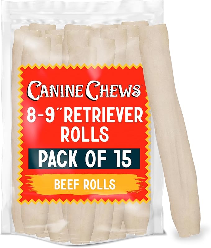 Canine Chews 8-9" Rawhide Retriever Rolls (15 pk) - Rawhide Bones for Large Dogs - 100% USA-Sourced Natural Beef Rawhide Bones - Single Ingredient Dog Rawhide Chews - Dental Health Dog Rawhide Bones