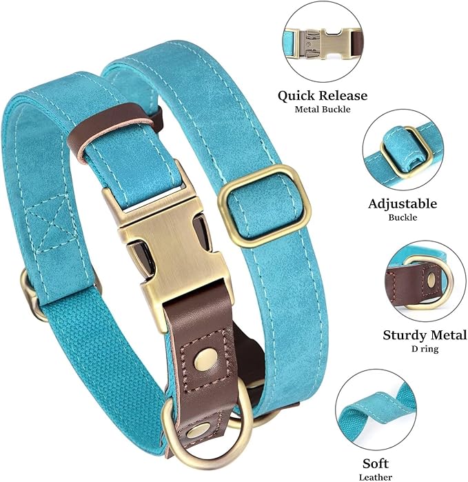 Didog Soft Padded Leather Dog Collars for Medium Dogs, Classic Heavy Duty Dog Collars with Quick Release Metal Buckle, Adjustable Medium Dog Collar Leather,Light Blue,M Neck 13-19"