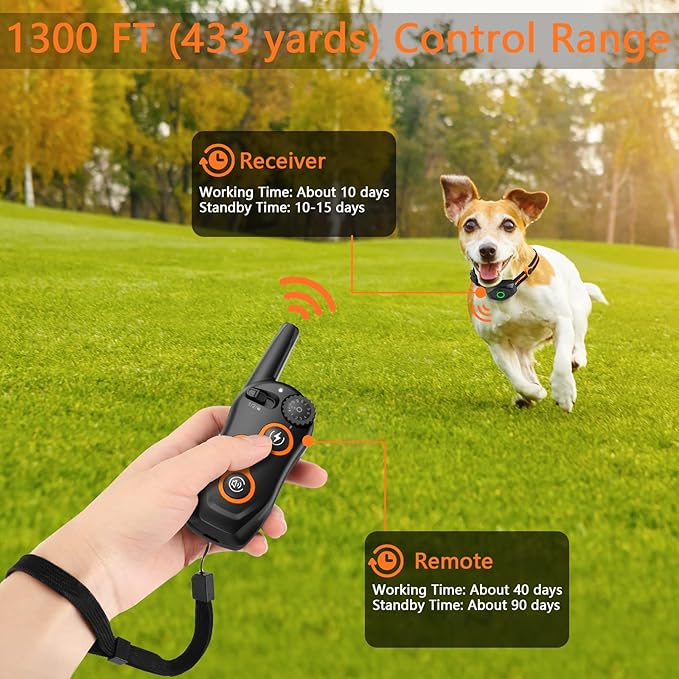 Dog Training Collar, IPX7 Waterproof Dog Shock Collar with Remote Range 1300ft, 3 Training Modes, Beep, Static, Vibration, Rechargeable Electric Training Collar for Small Medium Large Dogs