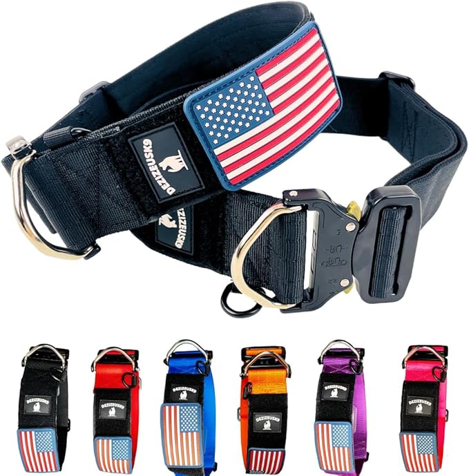 Tactical Dog Collar 2 Inch Wide Thick Heavy Duty Military Style with Metal Buckle, Adjustable for Medium - Large Breeds, Durable K9 Training Gear with Patch Area, USA Flag Patch, Strong and Secure Fit
