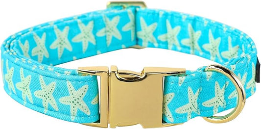 Lionet Paws Boy Dog Collar, Comfortable Adjustable Cute Yellow Starfish Collar with Metal Buckle for Male Dogs, Medium, Neck 13.5-22 inches