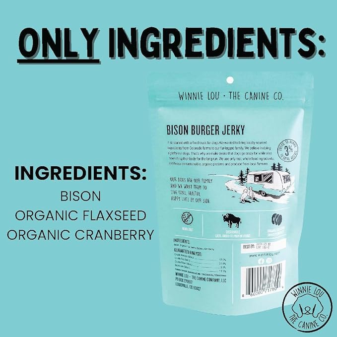 Winnie Lou Jerky Organic Jerky Dog Treats Made in The USA – Human Grade Dog Treats – Dog Jerky Treats – All Natural Dog Treats – Healthy Dog Treats (Bison Burger Jerky 2 Pack)