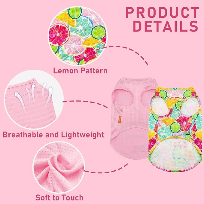 KYEESE 2 Pack Dog Shirts Quick Dry Lightweight Dog T-Shirts with Reflective Label Tank Top Sleeveless Vest Cat Shirts for Summer Lemon Pattern Sun-Blocking,Small,Lemon+Pink