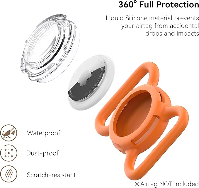 Waterproof Airtag Holder for Dog Collar, Soft Full-Body Protective Airtag Holder for Dog & Cat Collars, Ultra-Durable, Easy Installation, Lightweight Clear Airtag Case (Orange, Large)