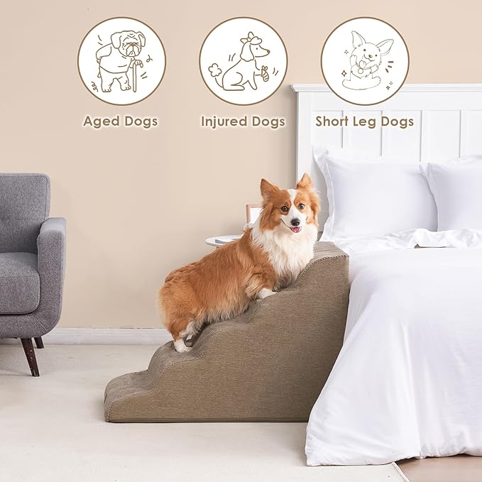 EHEYCIGA Curved Dog Stairs Ramp for High Beds, 5-Step Extra Wide Dog Steps for Small Dogs and Cats, Pet Stairs for High Bed Climbing, Non-Slip Balanced Pet Step Indoor, Camel