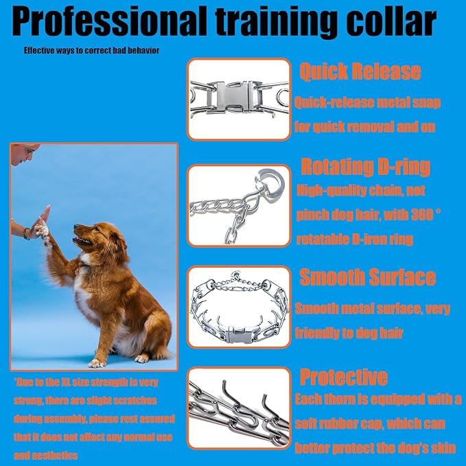 Prong Training Collar for Dogs, Adjustable Dog Pinch Collar with Quick Release Buckle, No Pull Collar for Small Medium Large Dogs, Extra Link and Caps