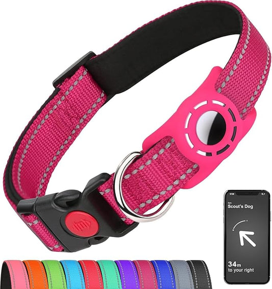 Airtag Dog Collar with AirTag Holder for Large Dogs, Reflective, Soft Padded & Safety Locking Buckle, Nylon Pet Collars Adjustable for All Breeds, Hotpink,XL