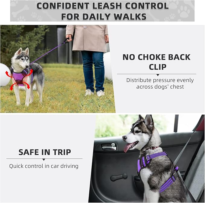 No Pull Dog Harness with Free Heavy Duty 5ft Leash, Adjustable Soft Padded Dog Vest, Reflective No-Choke Oxford Vest for Large Dogs (Purple)