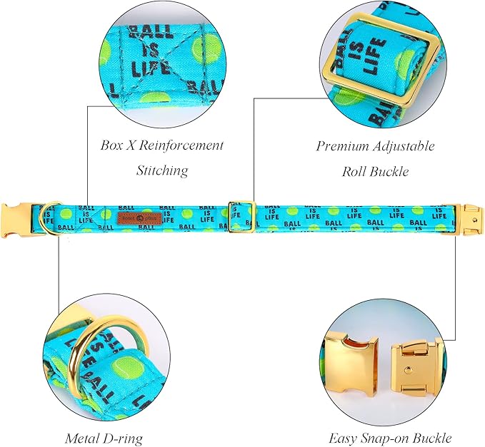 Lionet Paws Dog Collar, Comfortable Adjustable Cute Collar with Metal Buckle for Male Female Puppies and Cats, Tennis Ball Pattern, XS, Neck 8-12 inches