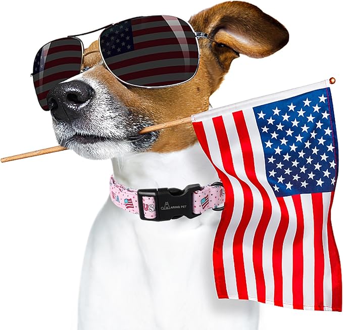 ARING PET 4th of July Dog Collar-Cotton Pink Patriotic Dog Collar, Adjustable American Flag Puppy Collars with Quick Release Buckle for Small Medium Large Dogs