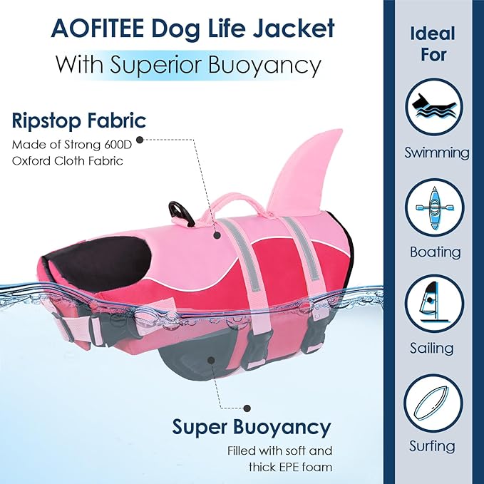 AOFITEE Dog Life Jacket, Shark Dog Life Vest for Swimming Boating, High Flotation Pet Lifesaver with Rescue Handle, Reflective French Bulldog Lifejacket, Life Jackets for Small Medium Large Dogs, M