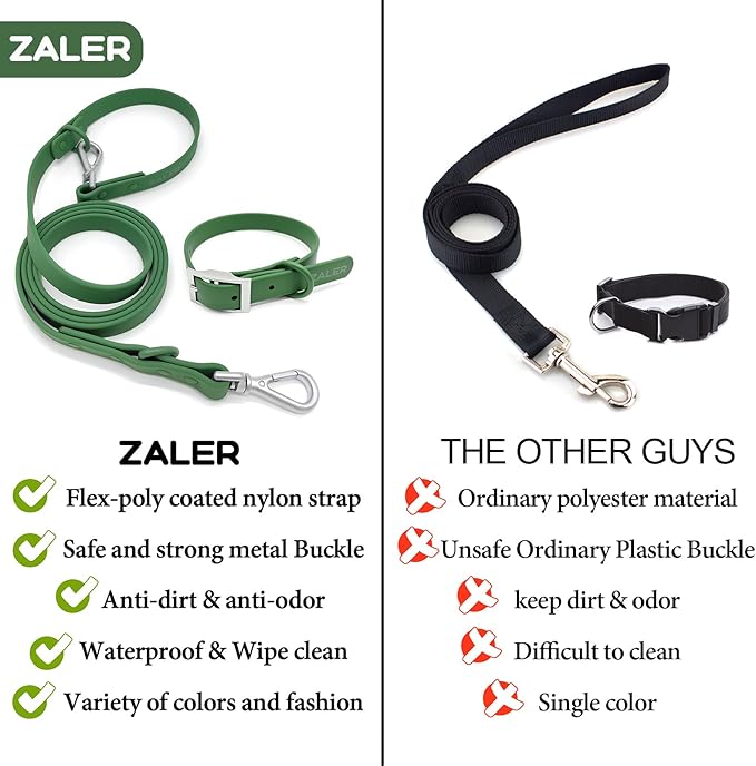 ZALER Dog Collar and Leash Set, Waterproof Adjustable Odor Proof Pet Collars Leashes Easy to Clean, 6FT Dog Leash with 2 Hooks for Large, Medium Small Dogs (M, Green)