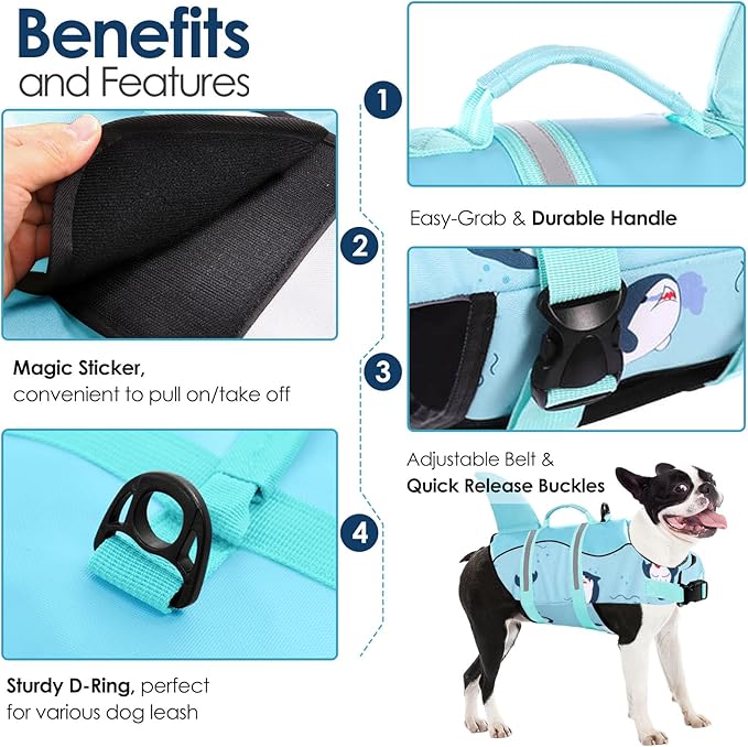 AOFITEE Dog Life Vest for Swimming, Shark Dog Life Jacket Large, High Flotation Dogs Swimming Vest with Rescue Handle and Reflective Stripe, Dogs Lifesaver Swimsuit for Boating Summer Pool Beach, XL