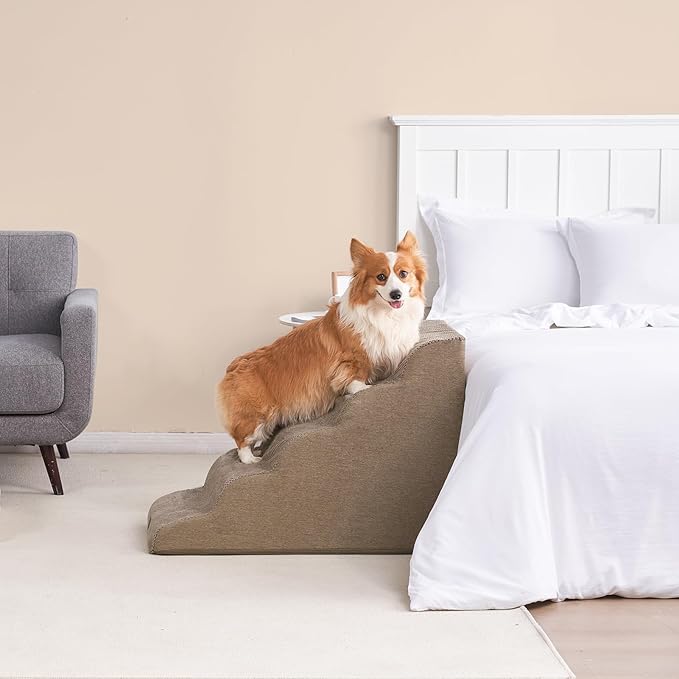 EHEYCIGA Curved Dog Stairs Ramp for High Beds, 5-Step Extra Wide Dog Steps for Small Dogs and Cats, Pet Stairs for High Bed Climbing, Non-Slip Balanced Pet Step Indoor, Camel